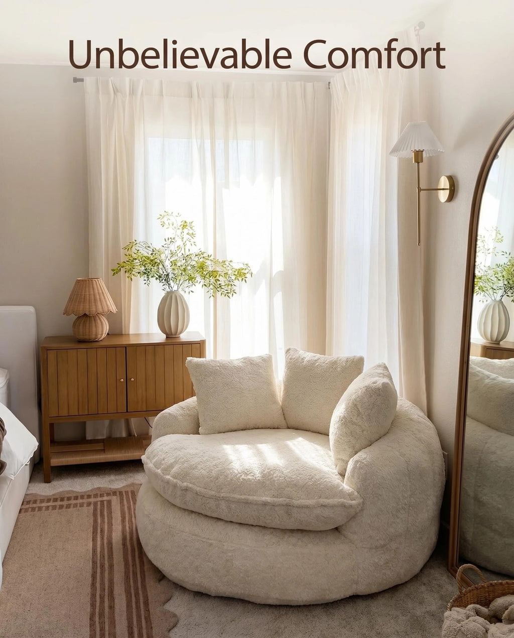 Oversized Boucle Swivel Accent Chair, Cozy Round Barrel Chair with 3 Pillows