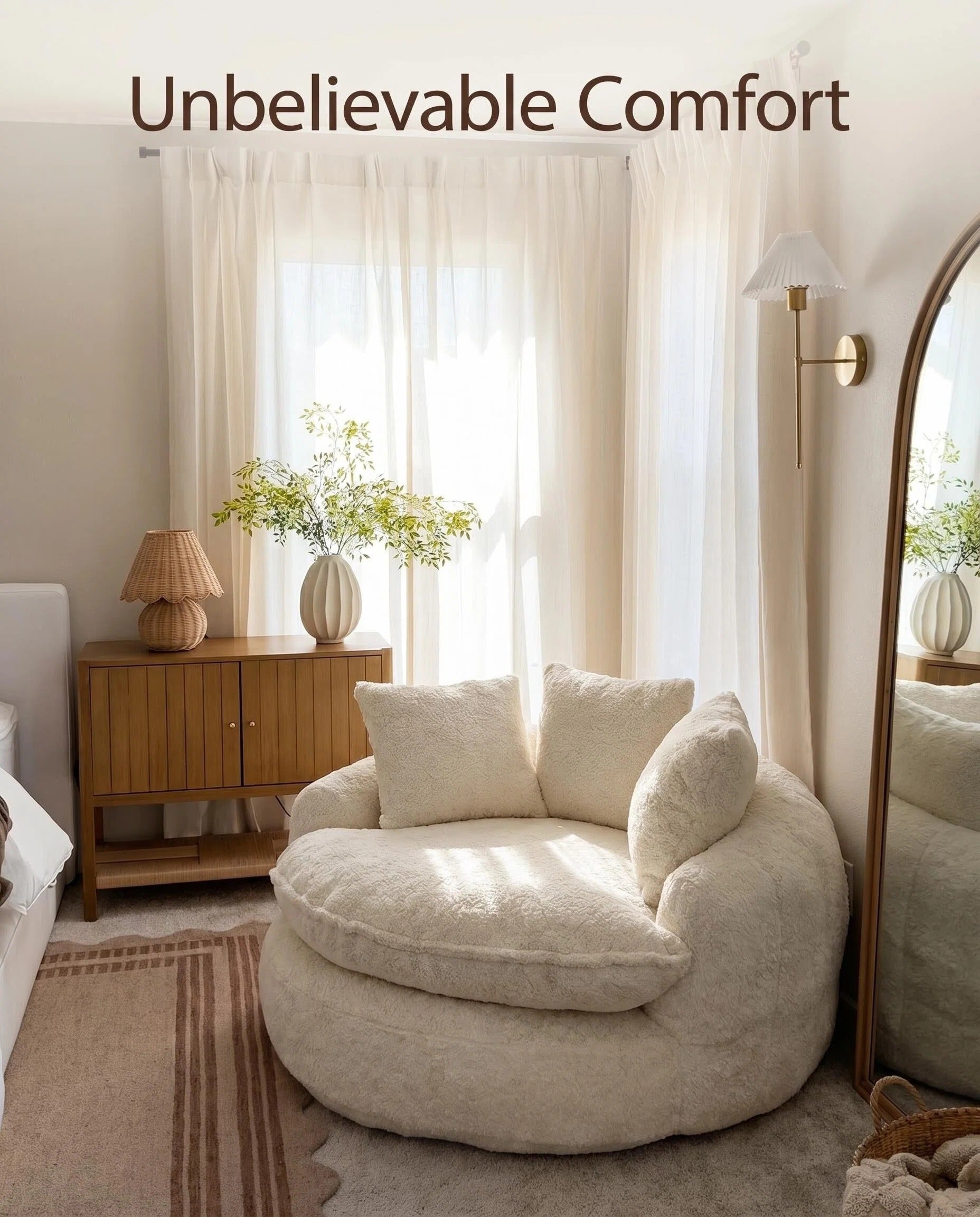 Oversized Boucle Swivel Accent Chair, Cozy Round Barrel Chair with 3 Pillows