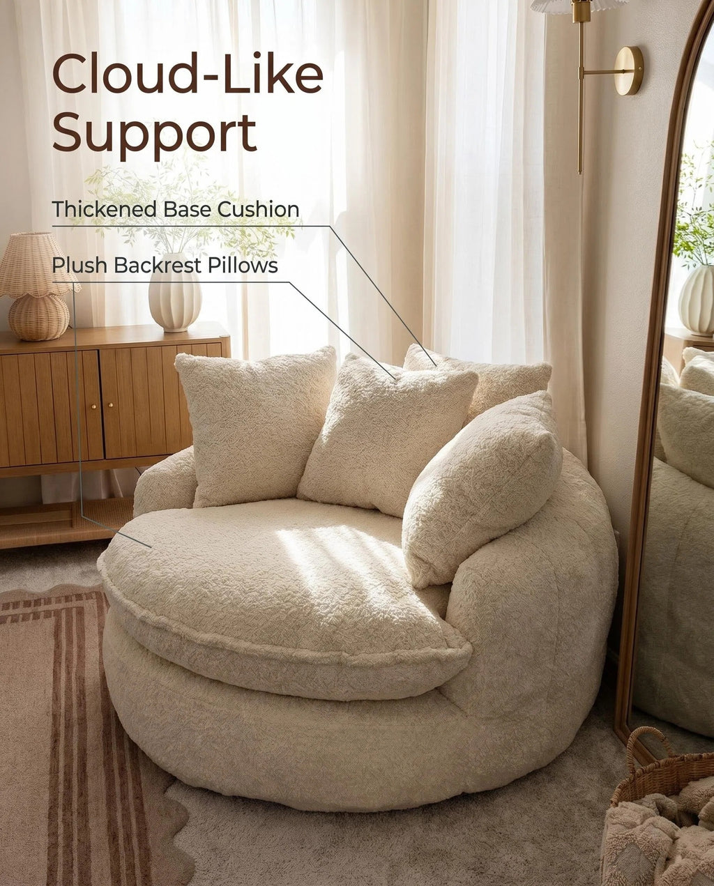 Oversized Boucle Swivel Accent Chair, Cozy Round Barrel Chair with 3 Pillows