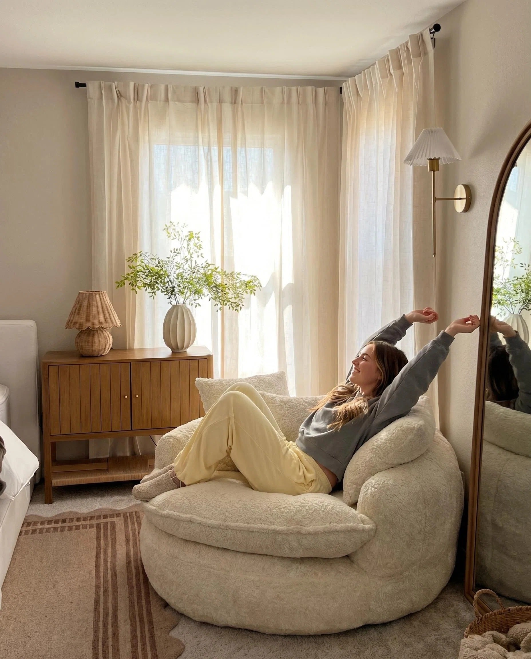 Oversized Boucle Swivel Accent Chair, Cozy Round Barrel Chair with 3 Pillows